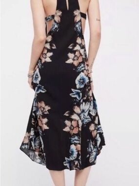 Free People Women’s XS Black Floral Midi Dress Open Back Boho Summer Beach